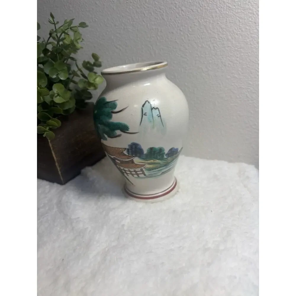 Vtg Mid-Century Japanese Kutani Ware Pine Tree Miniature Vase-gold Rim Fuku Mark